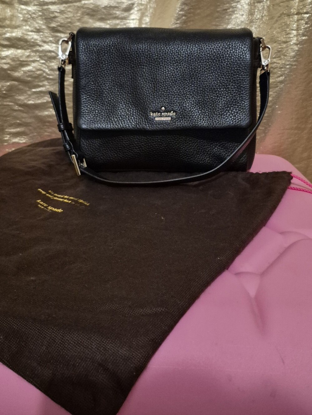 Kate Spade Black Pebbled Leather Flap Crossbody Bag with Gold Hardware
